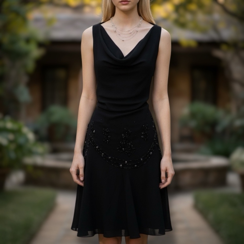 Vintage 90s S.L. Fashions Cowl Neck Black Beaded Gothic Knee Length Dress